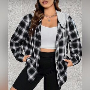 SHEIN Navy and Gray Plaid Button Down Shirt with Hood